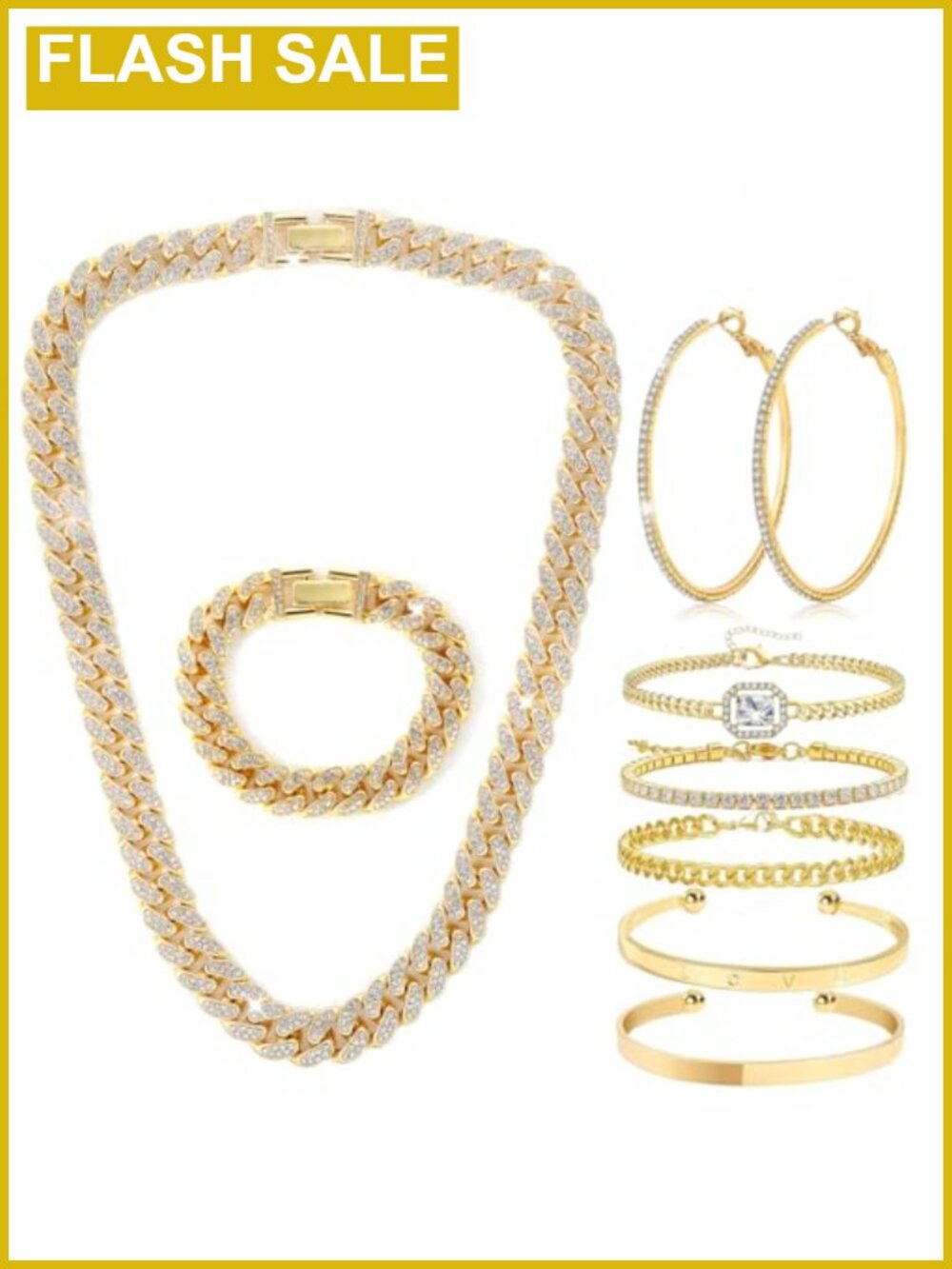 Rhinestone Cuban Link Chain Jewelry Set Necklace Bracelet Earrings